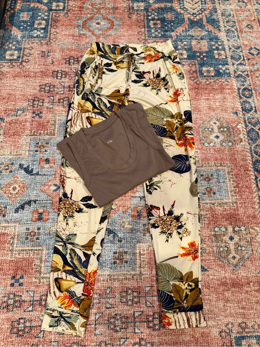 Navy Floral & Leopard Mixed Print bottoms with Coral Highlights